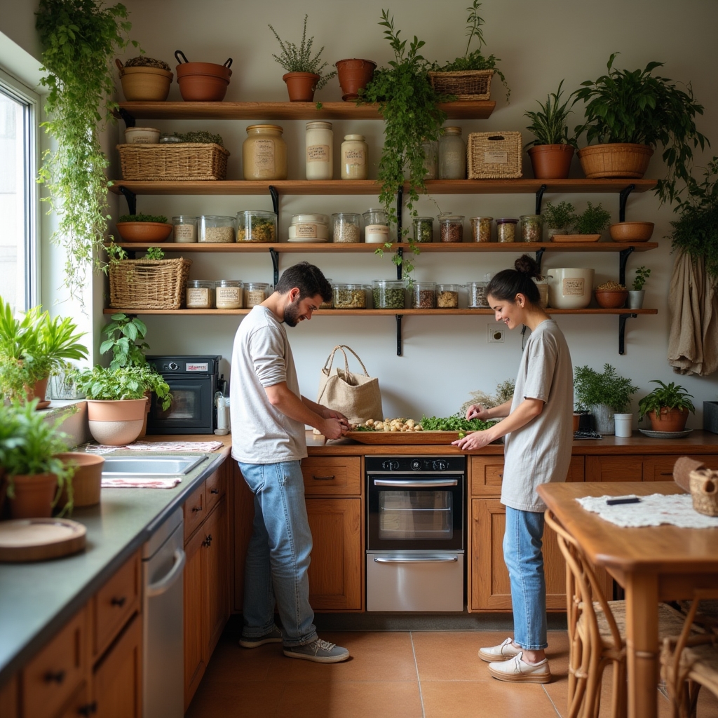 Spazio domestico organizzato secondo principi di economia circolare con oggetti riutilizzati